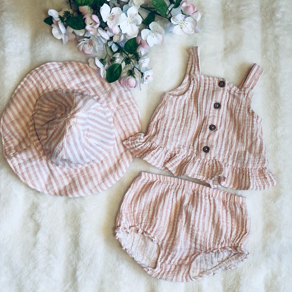 Adorable Baby Girl Tank Top, Shorts, & Hat Matching Set Sunsuit Pink/White 18M